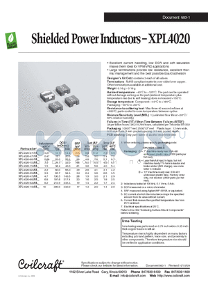 XPL4020-271ML datasheet - Shielded Power Inductors