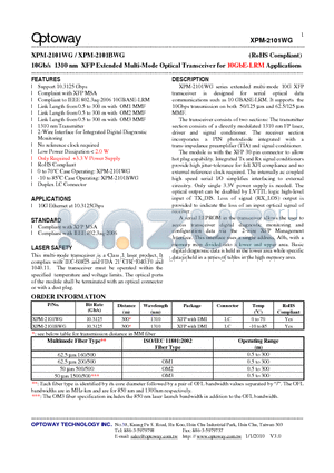 XPM-2101BWG datasheet - 10Gb/s 1310 nm XFP Extended Multi-Mode Optical Transceiver for 10GbE-LRM Applications