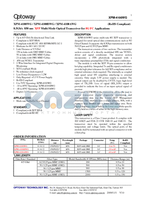 XPM-4100WG datasheet - 8.5Gb/s 850 nm XFP Multi-Mode Optical Transceiver for 8G FC Applications