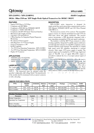 XPS-2110BWG datasheet - 10Gb/s 10km 1310 nm XFP Single-Mode Optical Transceiver for 10GbE / 10GFC