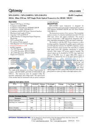 XPS-2110BWG datasheet - 10Gb/s 10km 1310 nm XFP Single-Mode Optical Transceiver for 10GbE / 10GFC