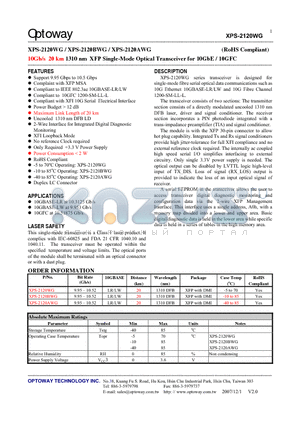 XPS-2120AWG datasheet - 10Gb/s 20 km 1310 nm XFP Single-Mode Optical Transceiver for 10GbE / 10GFC