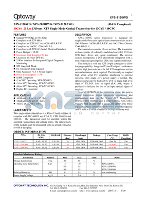 XPS-2120WG datasheet - 10Gb/s 20 km 1310 nm XFP Single-Mode Optical Transceiver for 10GbE / 10GFC