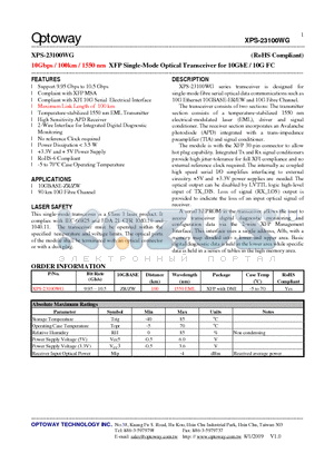 XPS-23100WG datasheet - 10Gbps / 100km / 1550 nm XFP Single-Mode Optical Transceiver for 10GbE / 10G FC