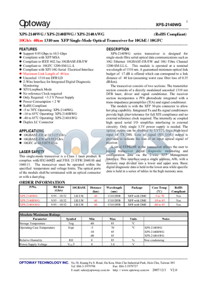 XPS-2140AWG datasheet - 10Gb/s 40km 1310 nm XFP Single-Mode Optical Transceiver for 10GbE / 10GFC