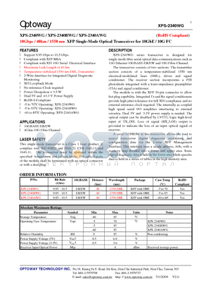 XPS-2340BWG datasheet - 10Gbps / 40km / 1550 nm XFP Single-Mode Optical Transceiver for 10GbE / 10G FC