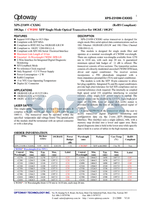 XPS-2310W-CXX0G datasheet - 10Gbps / CWDM XFP Single-Mode Optical Transceiver for 10GbE / 10GFC