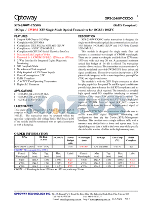 XPS-2340W-CXX0G datasheet - 10Gbps / CWDM XFP Single-Mode Optical Transceiver for 10GbE / 10GFC