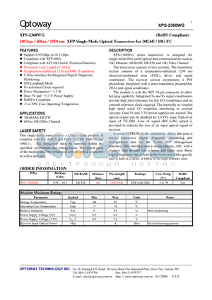 XPS-2360WG datasheet - 10Gbps / 60km / 1550 nm XFP Single-Mode Optical Transceiver for 10GbE / 10G FC