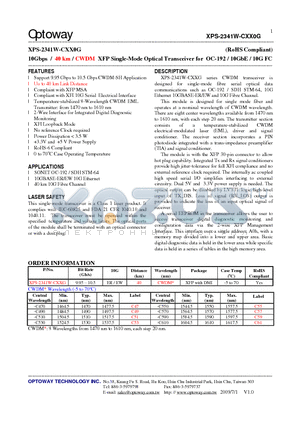 XPS-2341W-CXXG datasheet - 10Gbps / 40 km / CWDM XFP Single-Mode Optical Transceiver for OC-192 / 10GbE / 10G FC