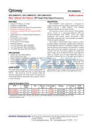 XPS-2380BMWG datasheet - 80km / 1550 nm / 10G Multirate XFP Single-Mode Optical Transceiver