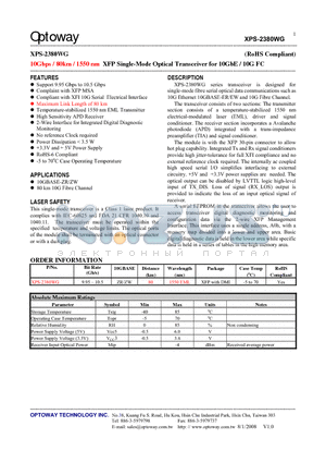 XPS-2380WG datasheet - 10Gbps / 80km / 1550 nm XFP Single-Mode Optical Transceiver for 10GbE / 10G FC