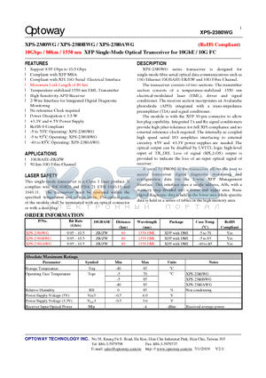 XPS-2380BWG datasheet - 10Gbps / 80km / 1550 nm XFP Single-Mode Optical Transceiver for 10GbE / 10G FC