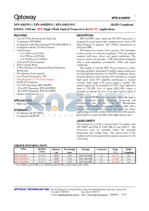 XPS-4102WG datasheet - 8.5Gb/s 1310 nm XFP Single-Mode Optical Transceiver for 8G FC Applications