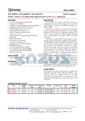 XPS-4140BWG datasheet - 8.5Gb/s 1310 nm XFP Single-Mode Optical Transceiver for 8G FC Applications