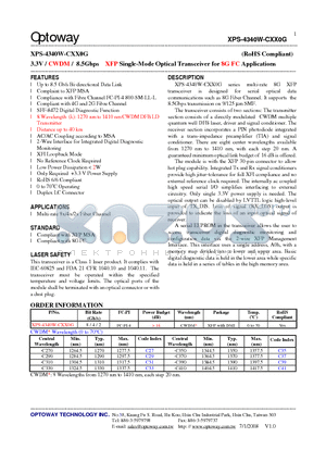 XPS-4340W-CXX0G datasheet - 3.3V / CWDM / 8.5Gbps XFP Single-Mode Optical Transceiver for 8G FC Applications