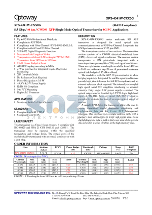 XPS-4341W-CXX0G datasheet - 8.5 Gbps/ 40 km / CWDM XFP Single-Mode Optical Transceiver for 8G FC Applications
