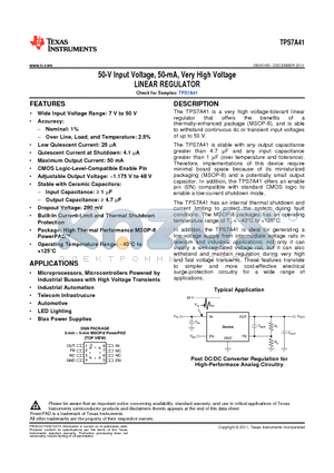 TPS7A4101DGNT datasheet - 50-V Input Voltage, 50-mA, Very High Voltage LINEAR REGULATOR
