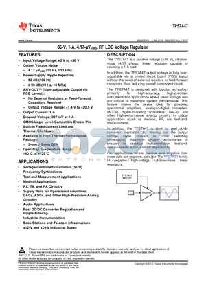 TPS7A4700RGWT datasheet - 36-V, 1-A, 4.17-lVRMS, RF LDO Voltage Regulator