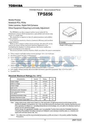 TPS856 datasheet - Mobile Phones Notebook PCs, PDAs Video cameras, Digital Still Cameras Other Equipment Requiring Luminosity Adjustment