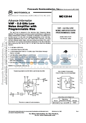 MC13144D datasheet - VHF- 2.0 GHz Low Noise Amplifier with Programmable Bias