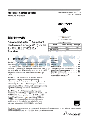 MC13224V datasheet - Advanced ZigBee- Compliant Platform-in-Package (PiP) for the 2.4 GHz IEEE^ 802.15.4 Standard