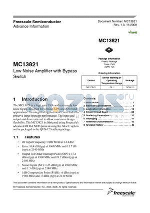 MC13821 datasheet - Low Noise Amplifier with Bypass Switch