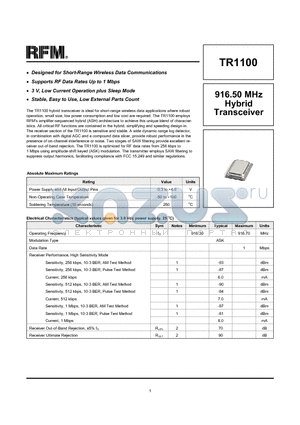 TR1100 datasheet - 916.50 MHz Hybrid Transceiver