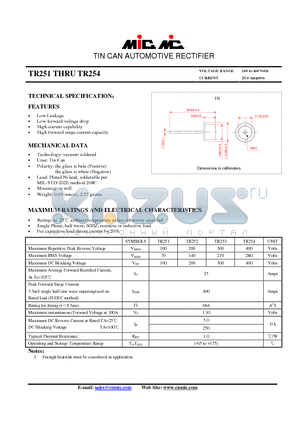 TR251 datasheet - TIN CAN AUTOMOTIVE RECTIFIER