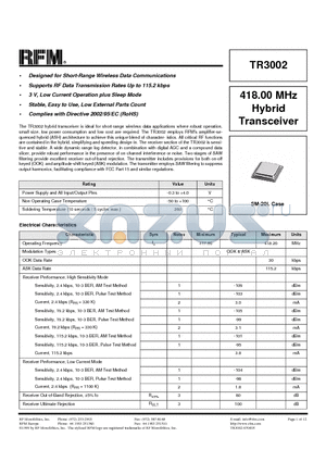 TR3002 datasheet - 418.00 MHz Hybrid Transceiver