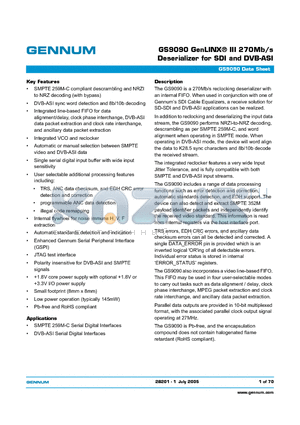 GS9090-CNE3 datasheet - GS9090 GenLINX-R III 270Mb/s Deserializer for SDI and DVB-ASI