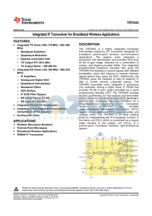 TRF2443 datasheet - Integrated IF Transceiver for Broadband Wireless Applications