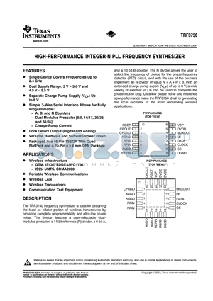 TRF3750 datasheet - HIGH-PERFORMANCE INTEGER-N PLL FREQUENCY SYNTHESIZER