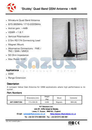 GSMSTUB4 datasheet - Stubby Quad Band GSM Antenna 4dB