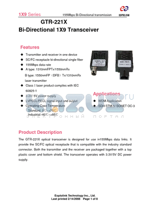 GTR-2212B datasheet - Bi-Directional 1X9 Transceiver