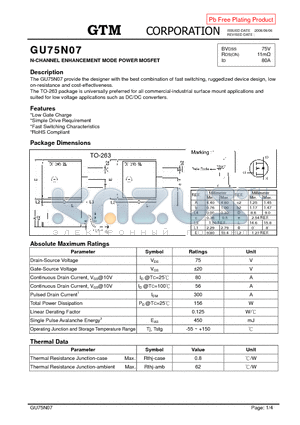 GU75N07 datasheet - N-CHANNEL ENHANCEMENT MODE POWER MOSFET