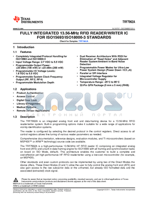 TRF7962ARHBR datasheet - FULLY INTEGRATED 13.56-MHz RFID READER/WRITER IC FOR ISO15693/ISO18000-3 STANDARDS