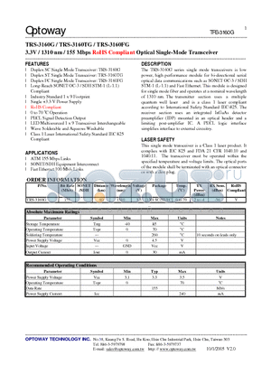 TRS-3160G datasheet - 3.3V / 1310 nm / 155 Mbps RoHS Compliant Optical Single-Mode Transceiver