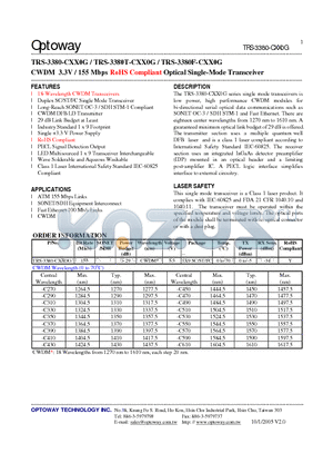 TRS-3380-CXX0G datasheet - CWDM 3.3V / 155 Mbps RoHS Compliant Optical Single-Mode Transceiver