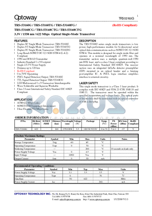TRS-53160G datasheet - 3.3V / 1550 nm / 622 Mbps Optical Single-Mode Transceiver