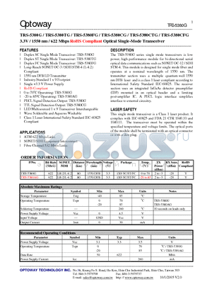 TRS-5380AG datasheet - 3.3V / 1550 nm / 622 Mbps RoHS Compliant Optical Single-Mode Transceiver