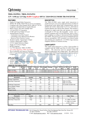 TRSL-9115WG datasheet - 3.3V / 1310 nm / 2.5 Gbps RoHS Compliant SFF LC 2X10 SINGLE-MODE TRANSCEIVER
