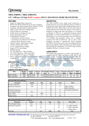 TRSL-9340AWG datasheet - 3.3V / 1550 nm / 2.5 Gbps RoHS Compliant SFF LC 2X10 SINGLE-MODE TRANSCEIVER