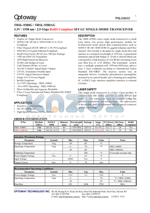 TRSL-9380G_11 datasheet - 3.3V / 1550 nm / 2.5 Gbps RoHS Compliant SFF LC SINGLE-MODE TRANSCEIVER
