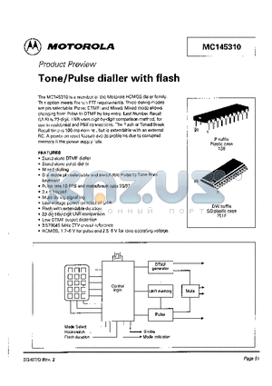 MC145310 datasheet - Tone/Pulse dialler with flash