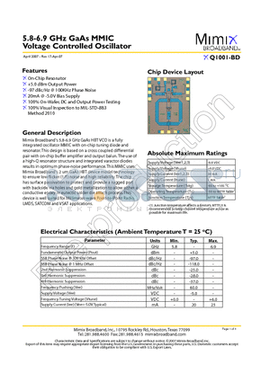 XQ1001-BD-EV1 datasheet - 5.8-6.9 GHz GaAs MMIC Voltage Controlled Oscillator