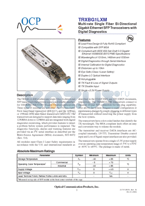 TRXBG1LXDAVM2 datasheet - Multi-rate Single Fiber Bi-Directional Gigabit Ethernet SFP Transceivers with Digital Diagnostics