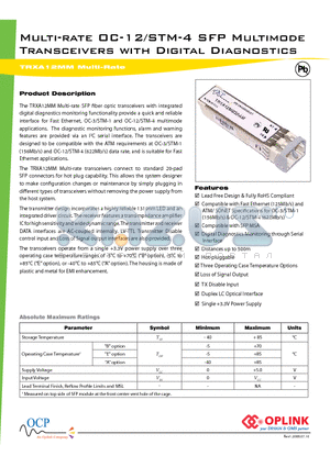 TRXA12MM datasheet - Multi-rate OC-12/STM-4 SFP Multimode Transceivers with Digital Diagnostics