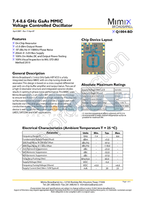 XQ1004-BD-EV1 datasheet - 7.4-8.6 GHz GaAs MMIC Voltage Controlled Oscillator