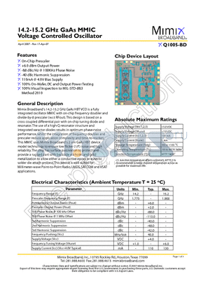 XQ1005-BD datasheet - 14.2-15.2 GHz GaAs MMIC Voltage Controlled Oscillator